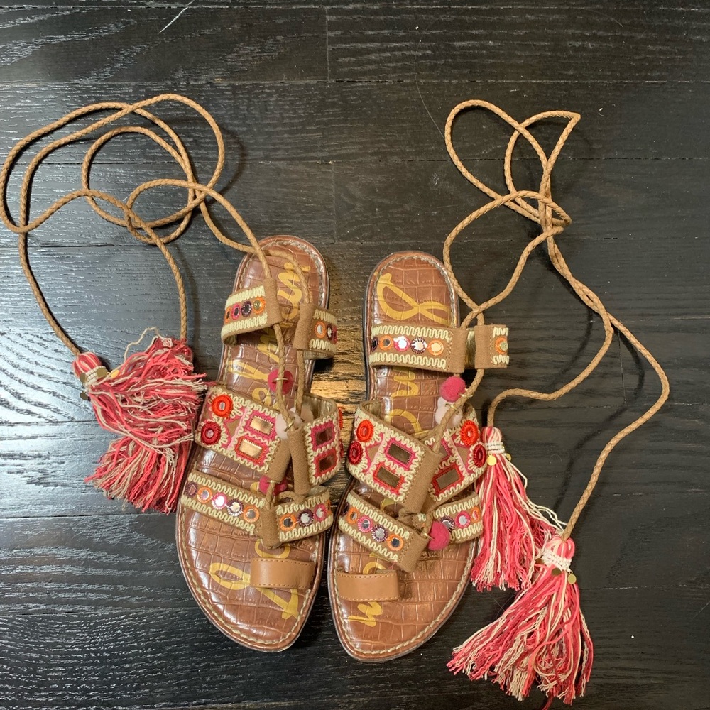 Pink Tassel Lace Up Sandals